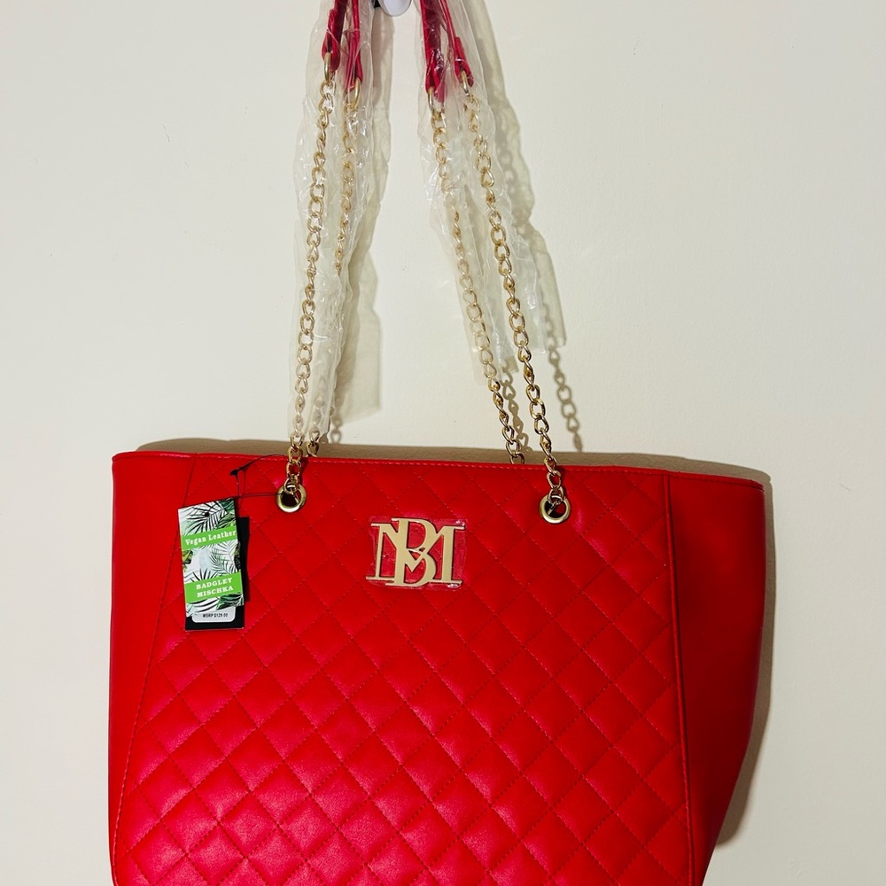 Badgley Mischka Red Quilted Shoulder Bag with Gold Chain Straps
